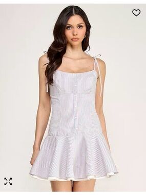 Striped Tie-Shoulder Mini Dress in Pale Blue and White BNWT